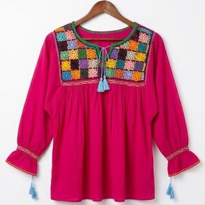 ​Boho Hand-Embroidered Floral Peasant Blouse - Magenta Pink - Tassel Detail S/M